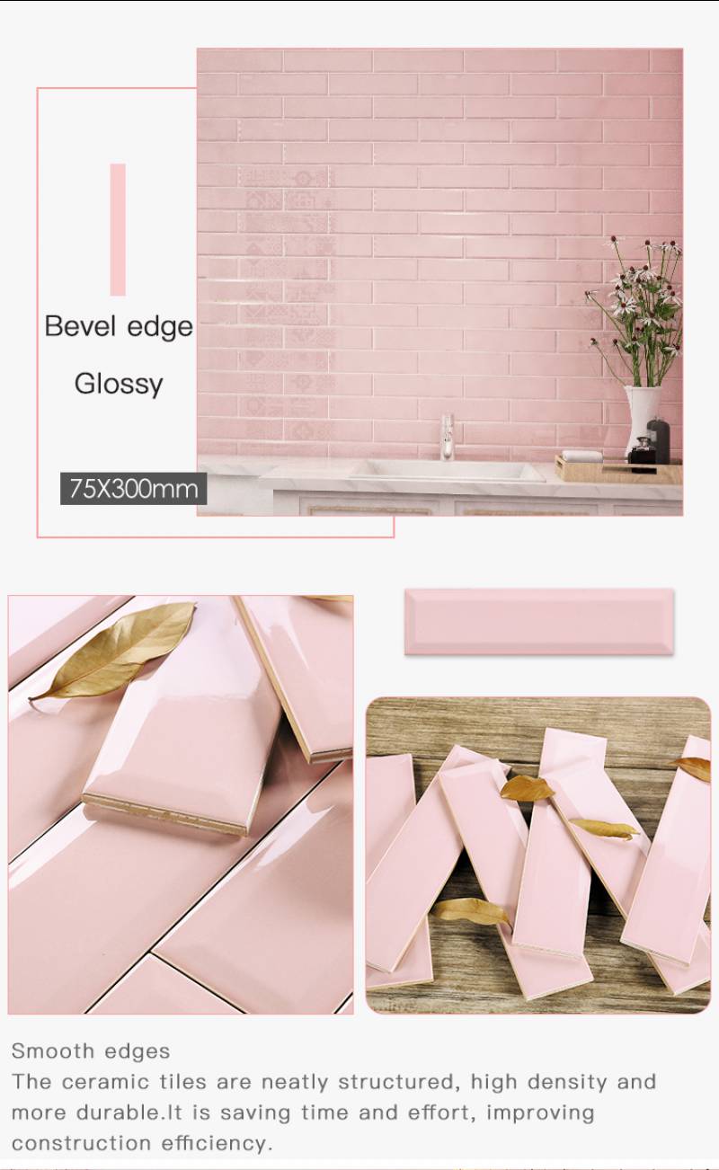 Medici tile 75X300mm 3*12inch pink colour ceramic wall tile  subway tile for bathroom livingroom design