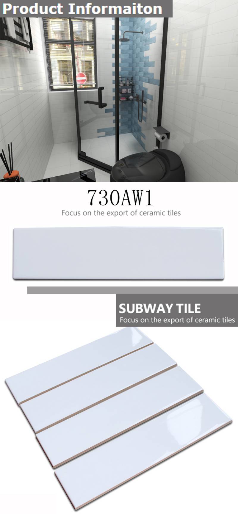 Foshan tiles' factory 75x300mm/ 3*12 inches small size black and white ceramic glaze subway tile for shower room decoration