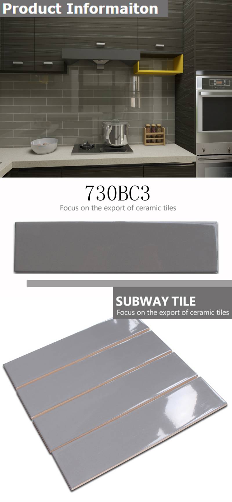 Pure grey/gray color tile with size 75x300mm/ 3*12 inches for living room decoration wall tile