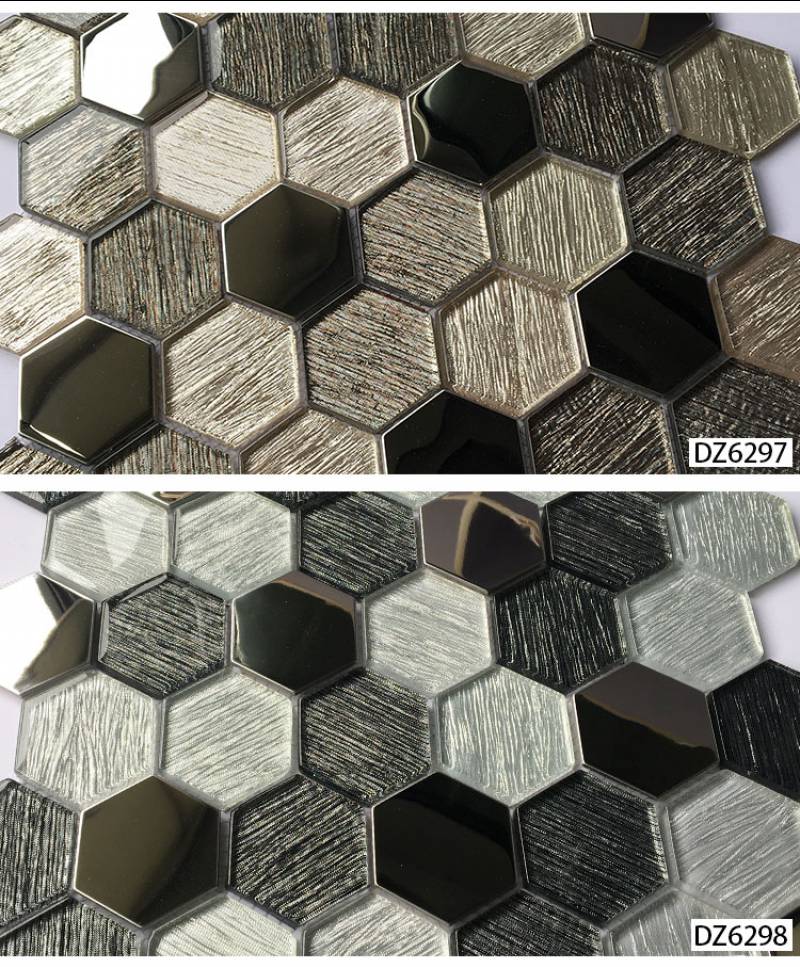 300*300mm Kitchen Splashback Tile Metal Element Hexagon Glass Mosaic