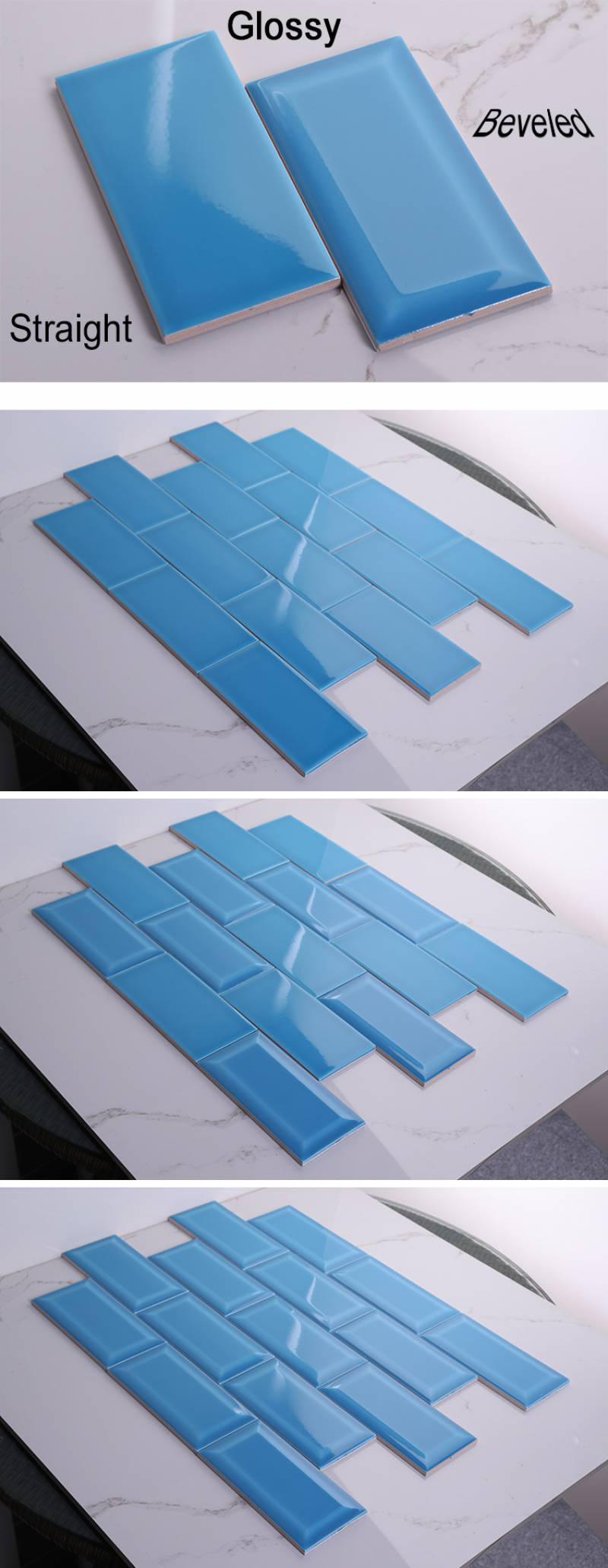 Sky blue 3x6 inch 7.5x15cm glossy beveled edge ceramic subway tile