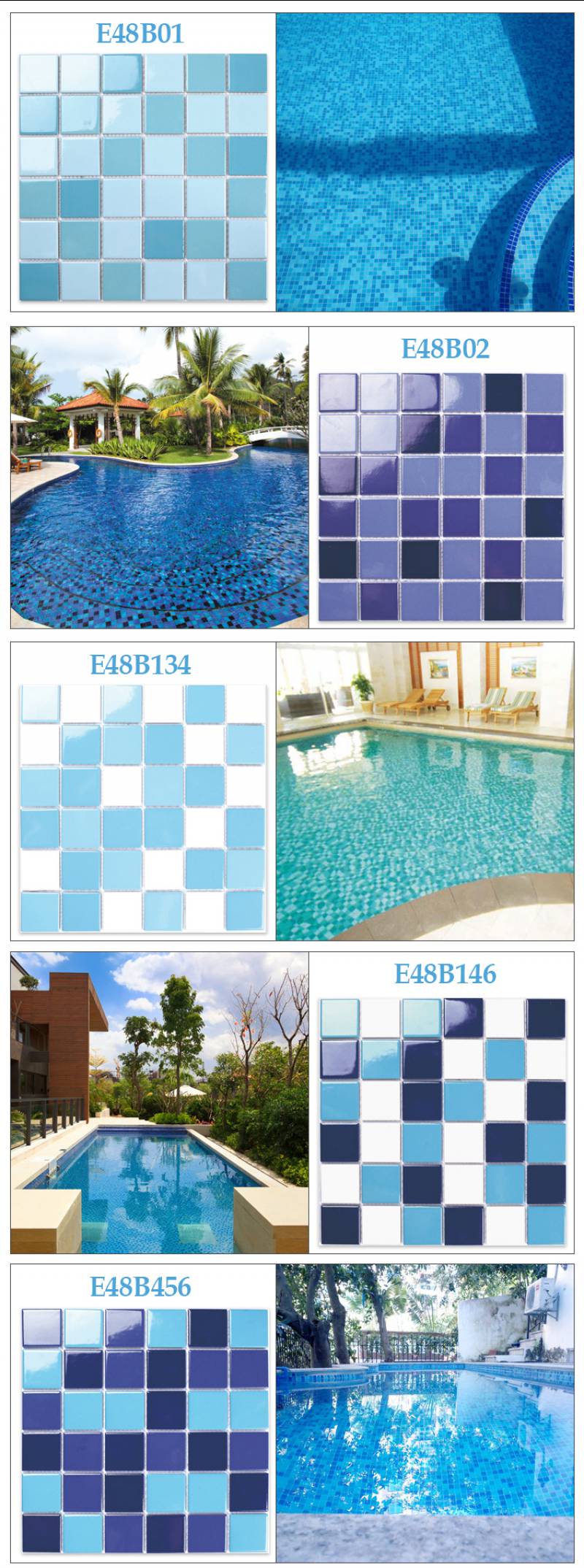 48x48 porcelain tile cheap swimming pool tile blue and white glossy mosaic tile for swimming pool E48B134