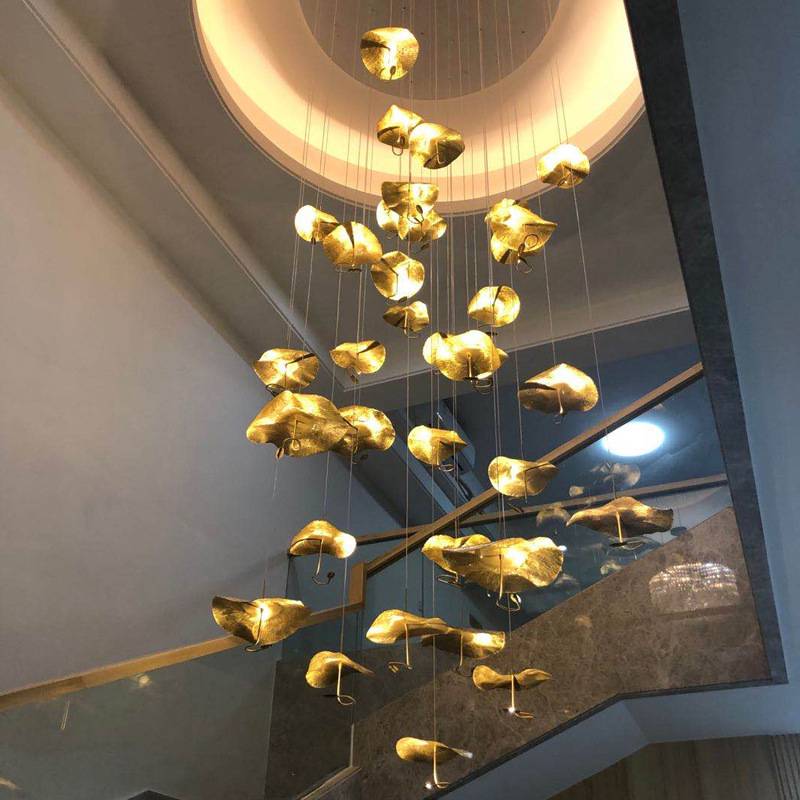 Customized Size Copper Gold Large Chandelier Hotel Restaurant Pendant Lighting Stairwell Big hanging Lamp For High Ceilling