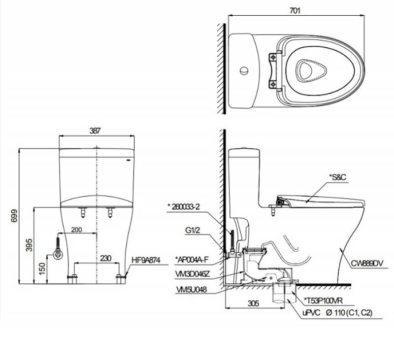 bản vẽ bồn cầu nắp rửa điện tử TOTO MS889DW6