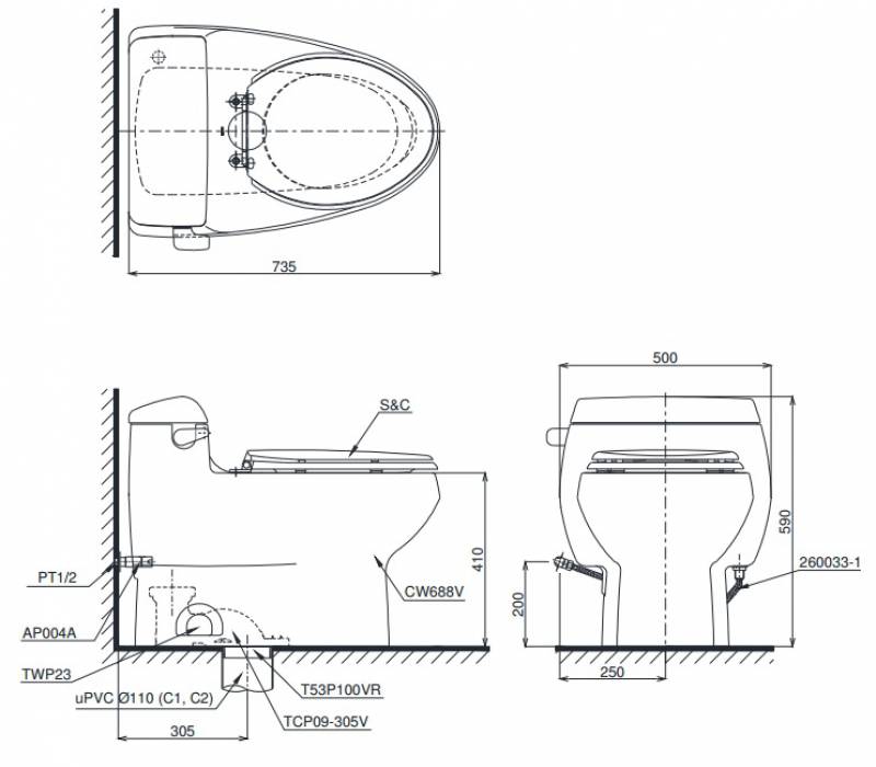 bản vẽ bồn cầu nắp rửa điện tử TOTO MS688W7