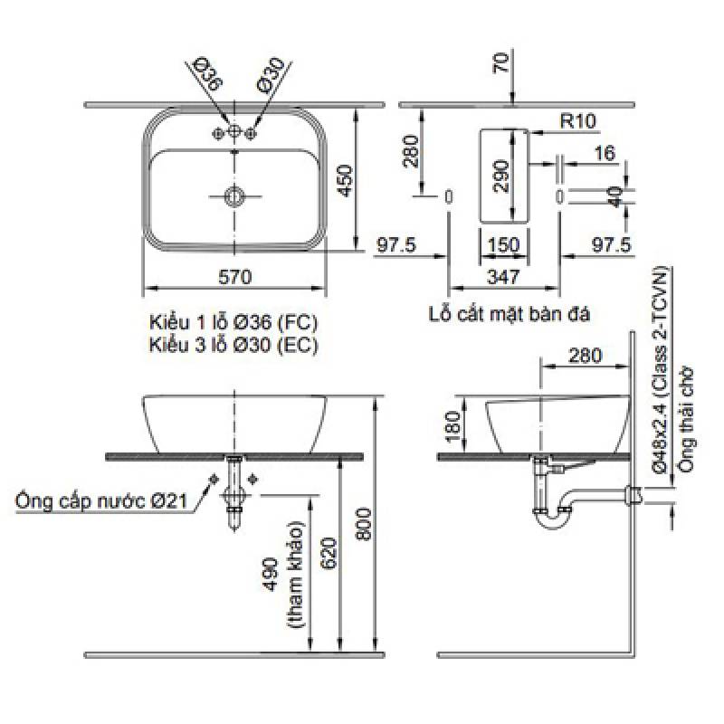 Bản vẽ kỹ thuật chậu rửa Inax đặt bàn AL-296V-EC-FC