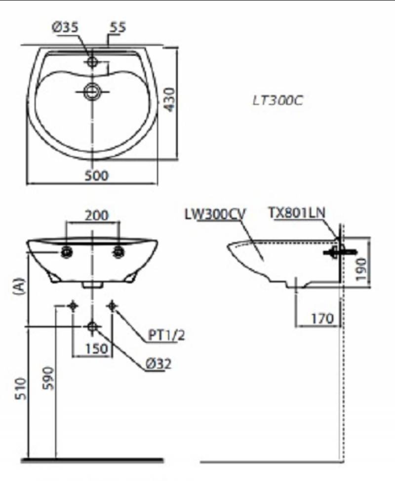 Bản vẽ chậu rửa mặt lavabo TOTO LT300C