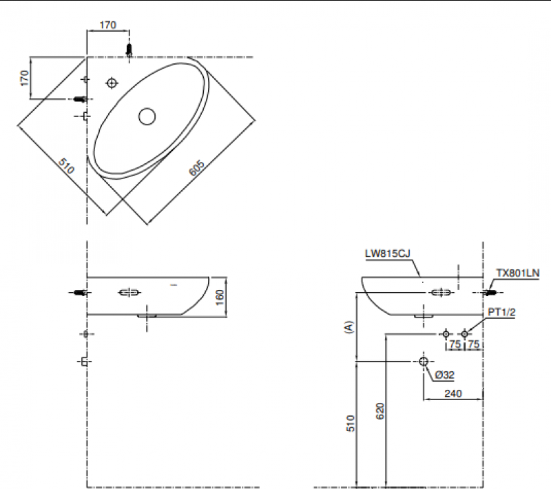 Bản vẽ kỹ thuật Chậu lavabo đặt góc LW815CJW/F