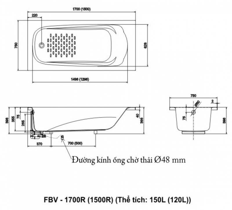 Bản vẽ kỹ thuật Bồn tắm INAX FBV-1500R