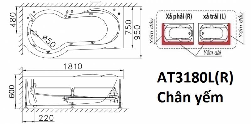 Bản vẽ kỹ thuật bồn tắm dài Caesar AT3180L(R) 1.8M