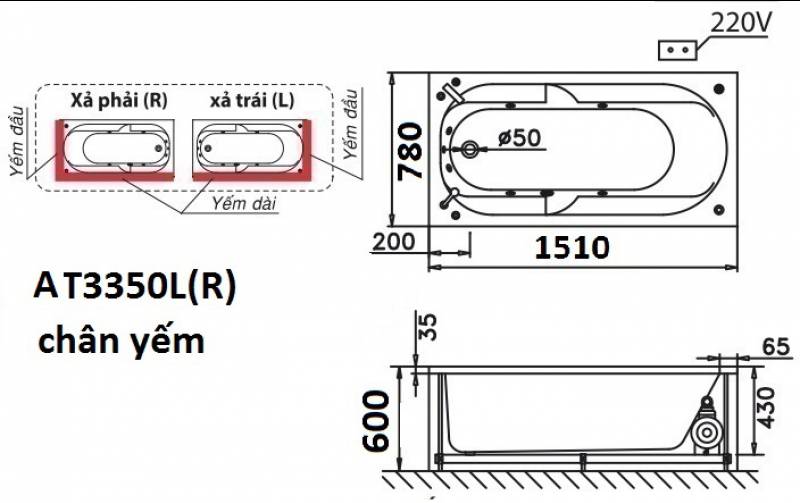 Bản vẽ kỹ thuật bồn tắm dài Caesar AT3350L(R) 1.5M