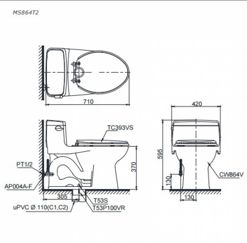 Bản vẽ bồn cầu TOTO MS864T2 - Xí bệt bàn cầu vệ sinh 2 khối nắp êm