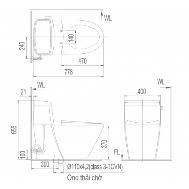 Bản vẽ bồn cầu Inax AC-918VRN-1 - Xí bệt bàn cầu vệ sinh 1 khối