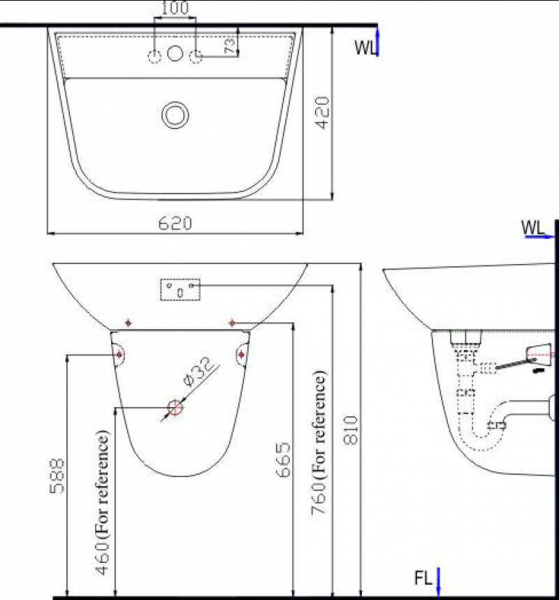 Bản vẽ bồn rửa mặt lavabo INAX L287V kèm chân L287VC