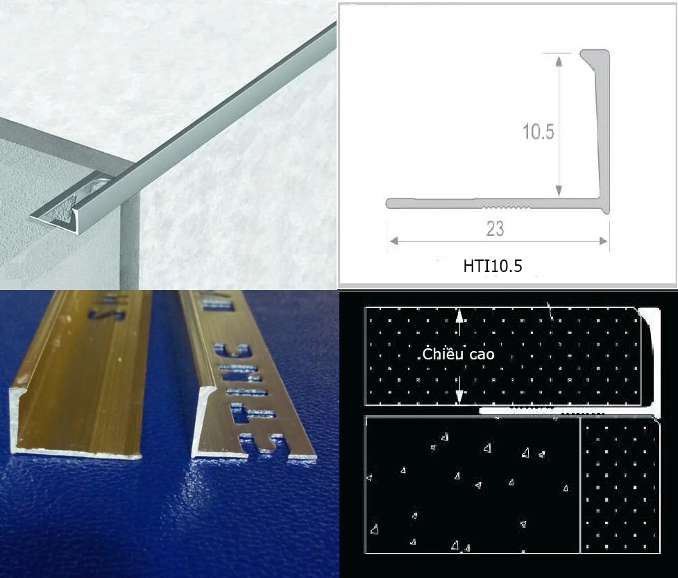 Thông số mặt cắt và mô tả thi công cho Nẹp chặn gạch YL10 - nẹp kết thúc gạch HTI10.5