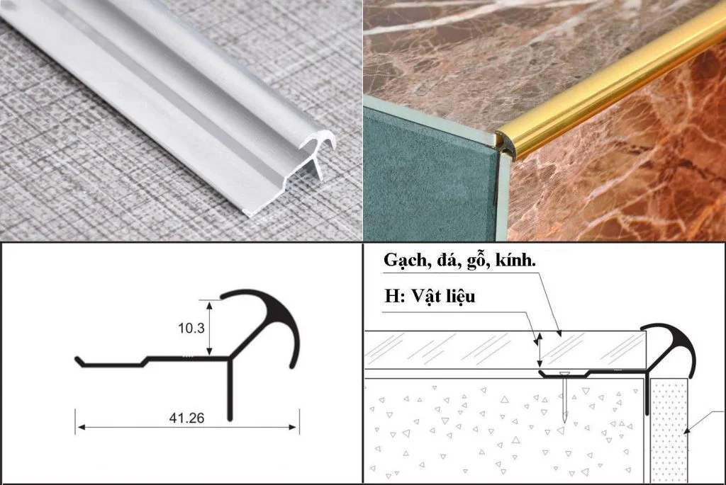 Thông số mặt cắt và mô tả thi công nẹp nhôm bo góc tròn my10.3