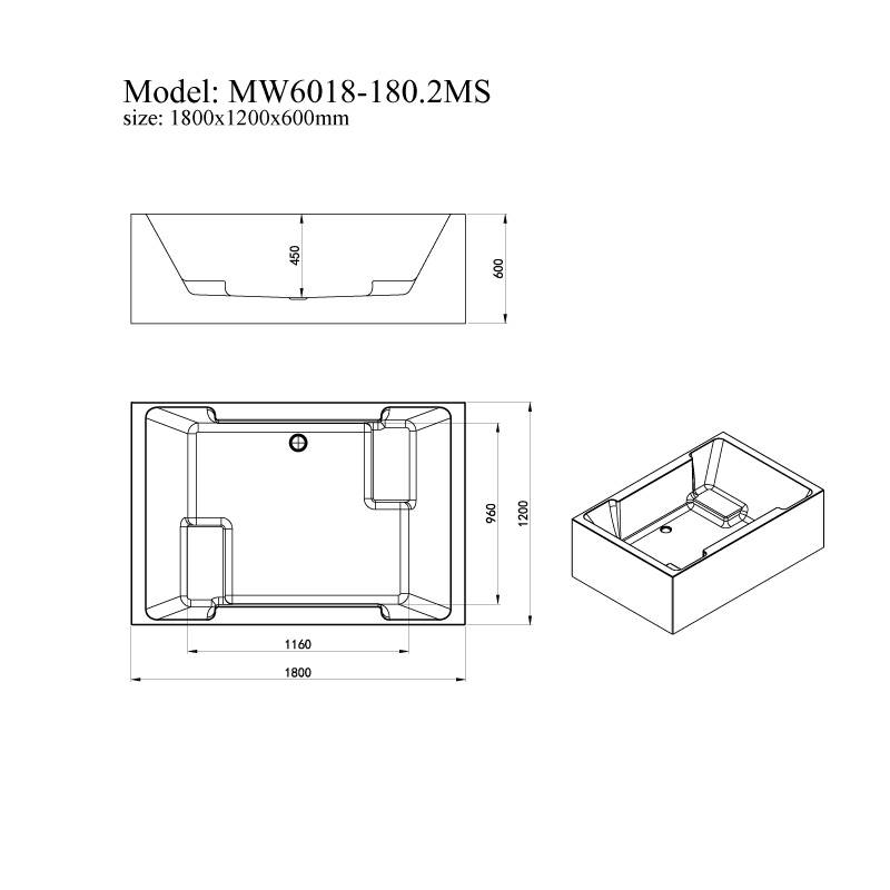 Bồn tắm đặt sàn 1.8m gồm vòi MOWOEN MW6018-180.2MS bản vẽ