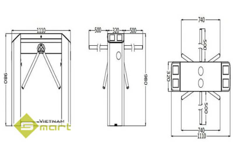 Tổng quan kích thước sản phẩm cổng xoay 3 càng ZKTeco TS2200