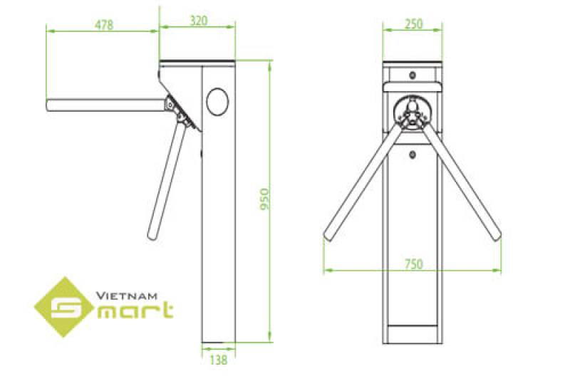 Kích thước tổng quan của cổng xoay 3 càng mTS1000 Series