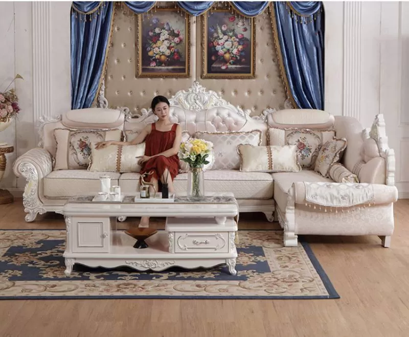 Sofa góc Tân Cổ Điển nhập khẩu #8866B, kết hợp với các mẫu gối tựa hình vuông nhỏ trở nên đẳng cấp