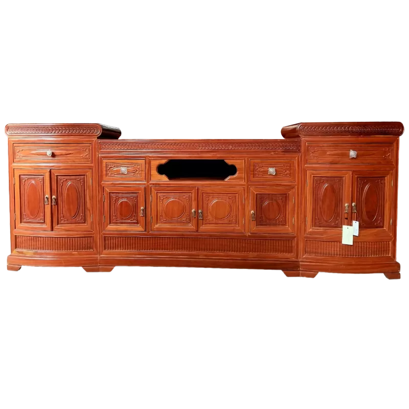Kệ tivi Đồng tiền gỗ Gõ đỏ tự nhiên, dài 2m4