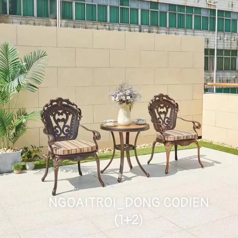 Bộ bàn ghế ngoài sân 2 ghế nhôm đúc đẳng cấp, tinh tế cho sân vườn