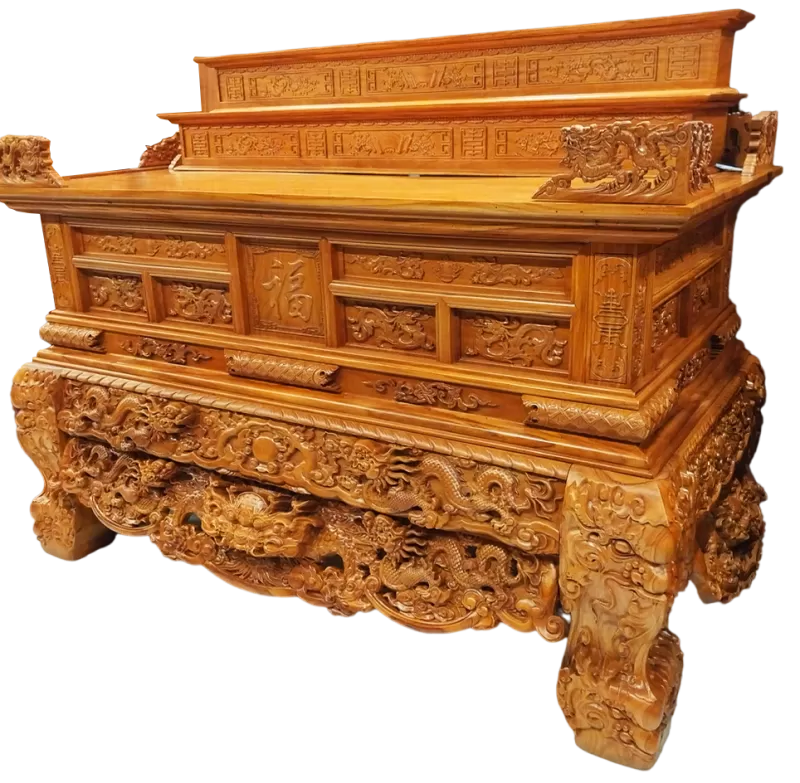 Sập thờ kiểu tam cấp, gỗ Gõ đỏ chân 24 chạm Rồng cực hoành tráng, dài 2m2