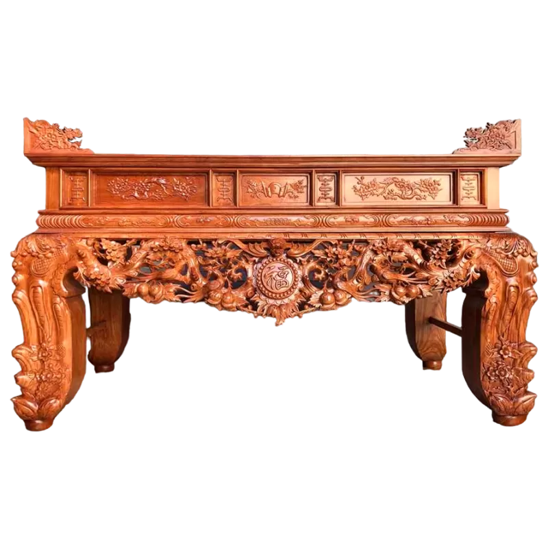 Bàn thờ Gia Tiên Gỗ Gõ đỏ 2m17, chạm Mai Ngũ Phúc (Mai Điểu)