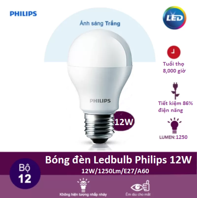 Bóng đèn Led Bulb Philips 12W Ánh sáng chất lượng sáng cao, êm dịu cho mắt