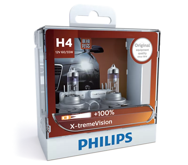 Bóng đèn pha ôtô/ xe hơi Philips Halogen H4 12342 XV 12V 60/55W P43t-38 S2 tăng sáng 100%, sáng vàng 3500K