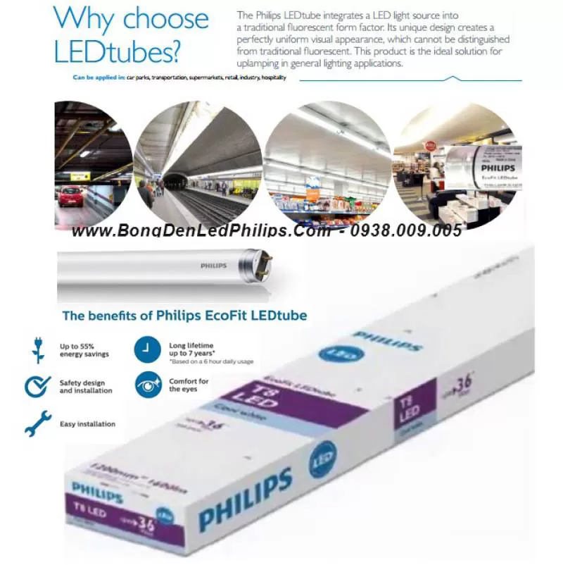 Combo 10 bóng đèn led tuýp Philips MyCare LEDTube 1m2 18W 765 T8 quang thông cao 1800Lm