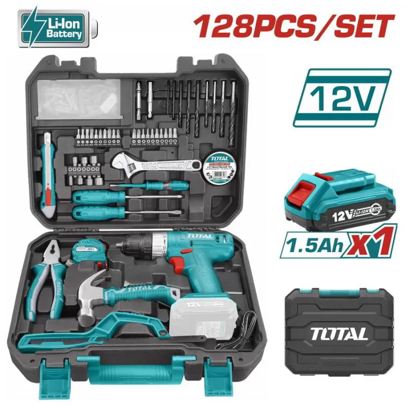 Bộ 128 món bao gồm máy khoan dùng pin 12V Total THKTHP11282