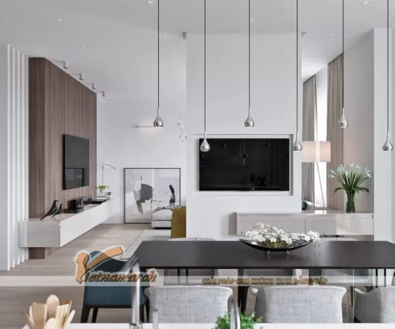 Thiết kế mẫu trần thạch cao phòng khách và phòng bếp cho căn hộ chung cư D’.Le Roi Soleil Quảng An nhà anh Quỳnh