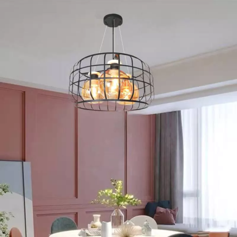 Đèn thả trần lồng sắt chao thủy tinh gắn bàn cafe, nhà hàng DR-NB1039 