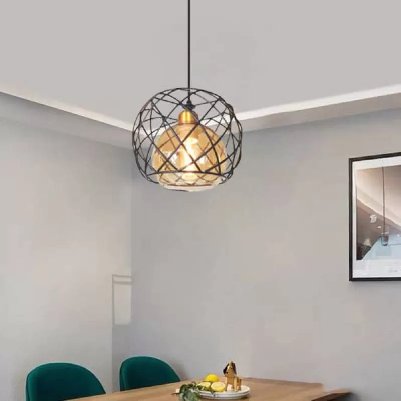 Đèn thả 1 bóng lồng sắt hình cầu chao thủy tinh cho bàn cafe DR-NB1059