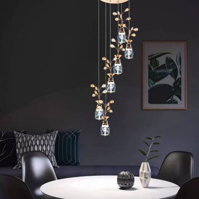 Đèn thả trần 6 chao pha lê khối trang trí phòng ăn H1500mm DR-C307/6