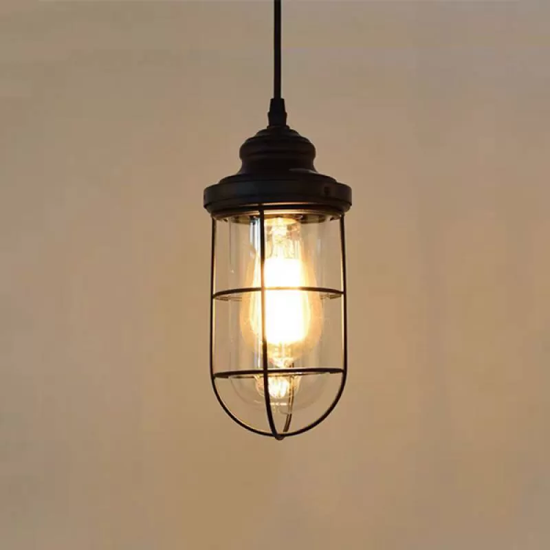 Đèn thả trần lồng sắt sơn đen chao thủy tinh 1 bóng L120mm DC-TCF70