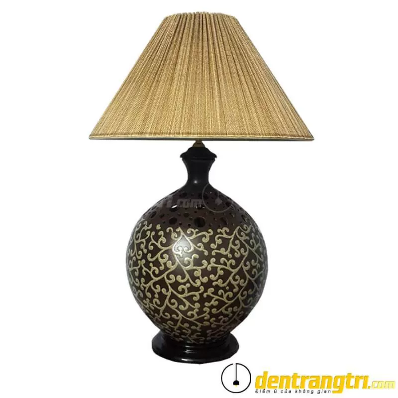 Đèn Gốm Tròn Hoa Văn Trắng-Nâu – DGDN001