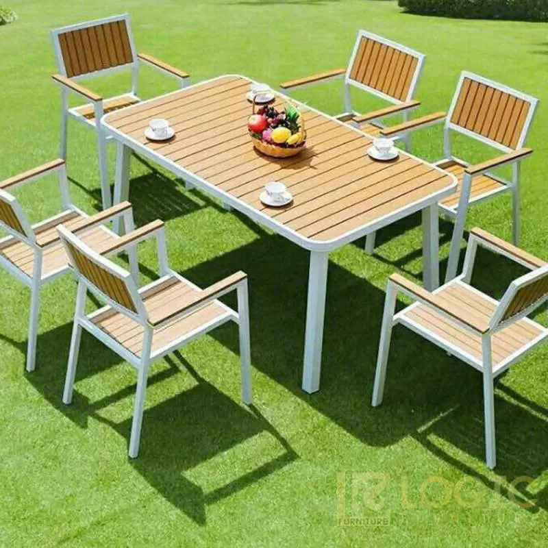 Bộ bàn ghế composite chữ nhật nan vàng khung trắng BCP-07W 