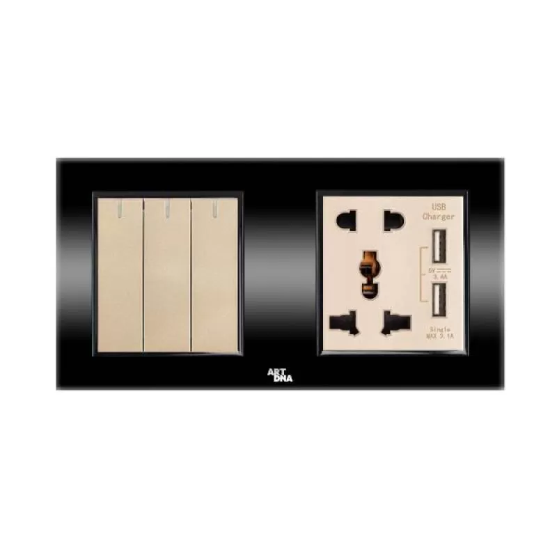 Công tắc 3, 1 chiều + ổ cắm đa năng + 2 USB 