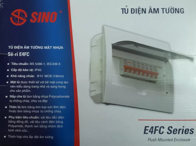 Tủ điện âm tường Sino mặt nhựa chống cháy chứa 8-12 module (E4FC 8/12) 