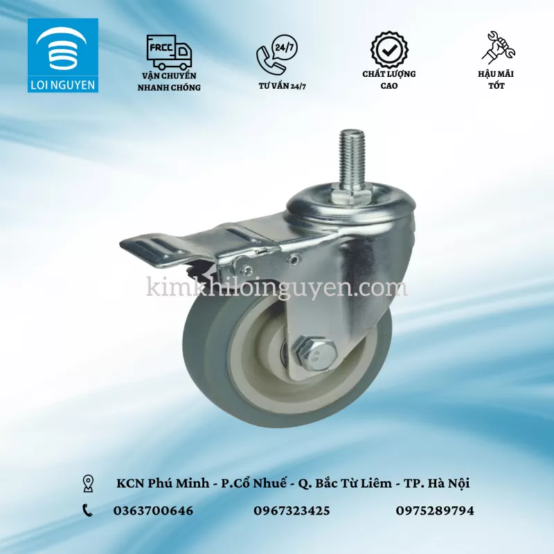 TPR100.CVP : Bánh TPR tải nhẹ màu xám 10 cm cọc vít phanh