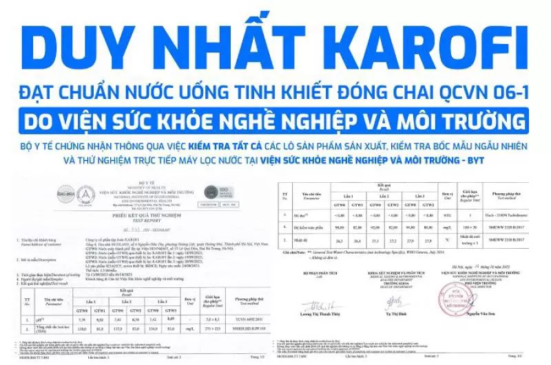 DUY NHẤT KAROFI ĐẠT CHUẨN NƯỚC UỐNG TINH KHIẾT ĐÓNG CHAI DO VIỆN SỨC KHỎE NGHỀ NGHIỆP VÀ MÔI TRƯỜNG BỘ Y TẾ CẤP THEO CHUẨN QUỐC GIA VÀ WHO