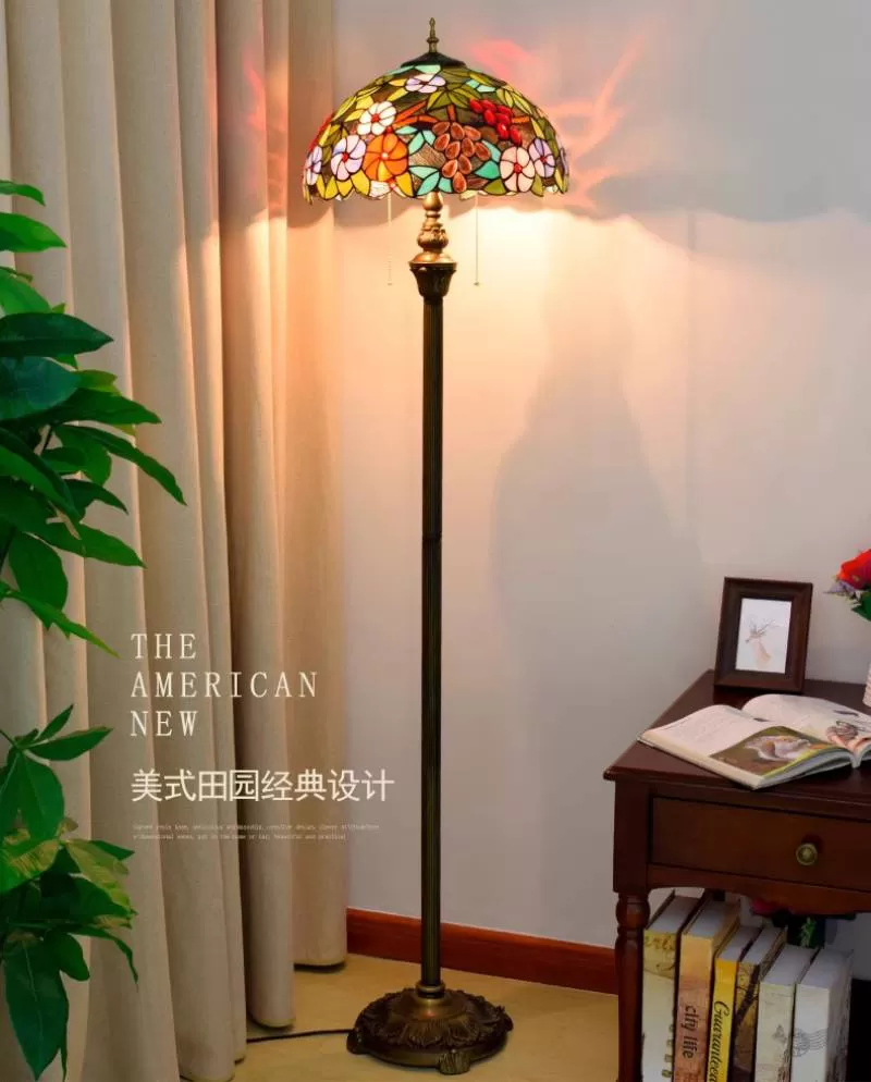 Đèn sàn đồng chao thủy tinh họa tiết cổ điển LED E27 trang trí đứng góc sofa phòng khách phong cách Bắc Âu vintage TL-DS71