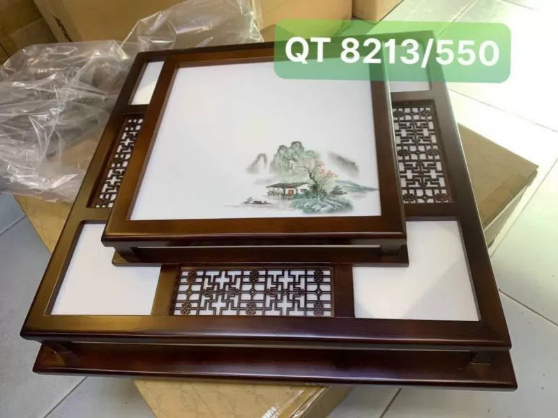 Đèn trần cổ điển LED 3 chế độ viền gỗ mặt vuông cao cấp trang trí phòng khách phong cách Trung Hoa TL-QT8213