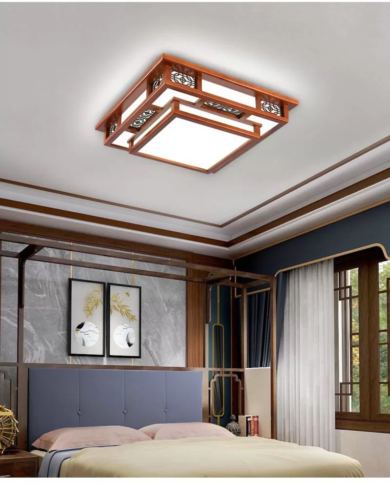 Đèn trần cổ điển LED 3 chế độ viền gỗ mặt vuông cao cấp trang trí phòng ngủ phong cách Trung Hoa TL-QT8353
