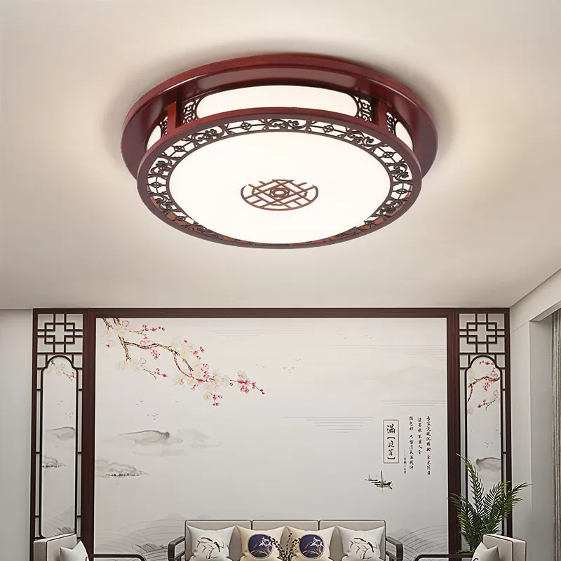 Đèn LED ốp trần viền gỗ mặt tròn Acrylic cao cấp trang trí phòng khách phòng ngủ phòng ăn phong cách vintage Trung Hoa cổ điển D40cm D50cm TL-OPT2330