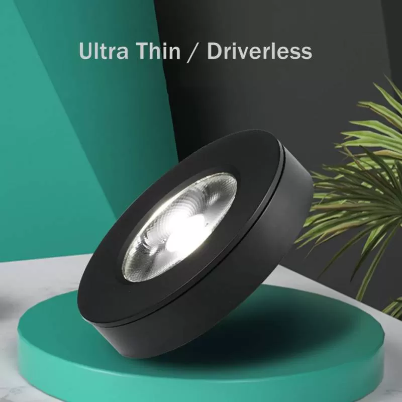 Đèn LED ốp gắn tủ mini 3w D75mm chip COB vỏ đen trang trí tủ rượu, tủ bếp, tủ quần áo, tủ trưng bày TL-TUR01