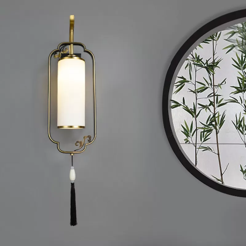 Đèn ốp tường đồng LED E27 chao thủy tinh đục cao cấp trang trí phòng khách phong cách Trung Hoa hiện đại TL-DT8016