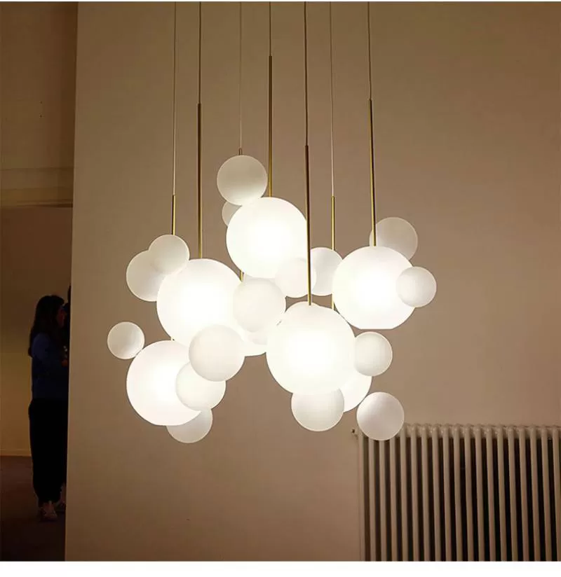 Đèn chùm treo thả trần thủy tinh trắng đục LED E27 cao cấp trang trí phòng khách phong cách Bắc Âu hiện đại D10cm D20cm TL-DC078